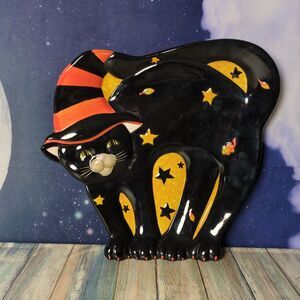 Susan Winget Black Cat Stars Halloween Witch Hat Ceramic Serving Platter 14"
